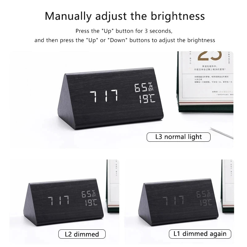 Wooden LED Alarm Clock with Temperature Display