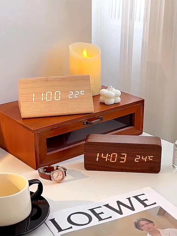 Wooden LED Alarm Clock with Temperature Display