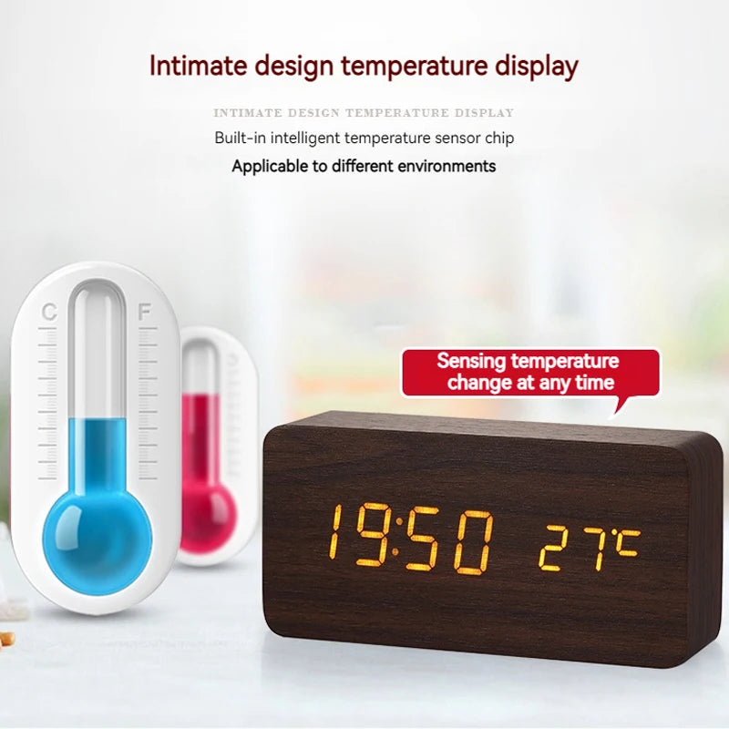 Wooden LED Alarm Clock with Temperature Display