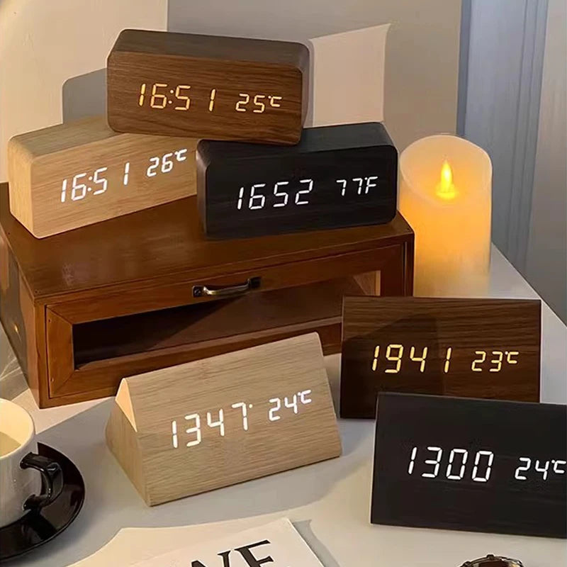 Wooden LED Alarm Clock with Temperature Display